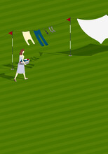 Different Uses Concept: Housewife Hanging Clothes To Dry On Clothes-line On Golf Course.