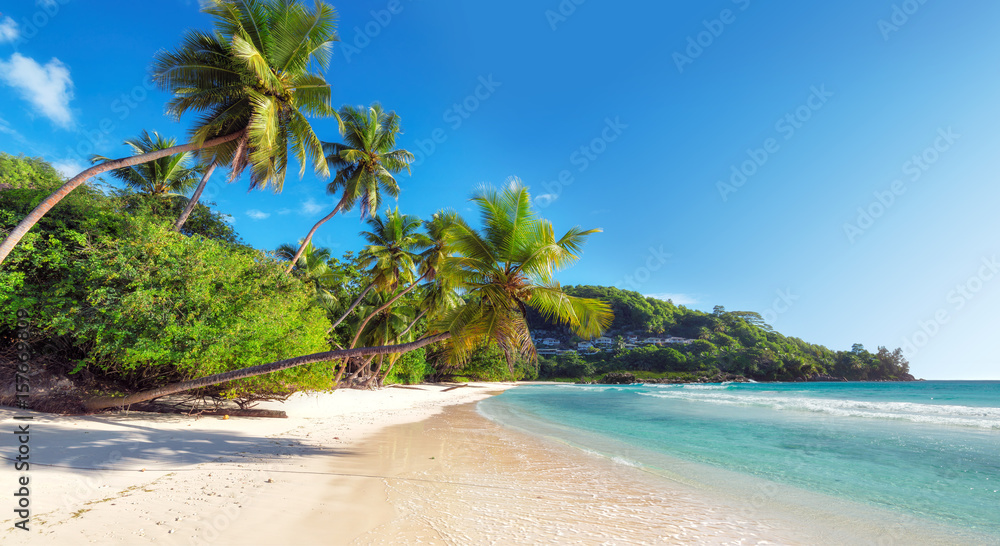 Amazing  tropical paradise Anse Takamaka beach on Seychelles. - obrazy, fototapety, plakaty 