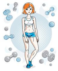 Young beautiful redhead athletic woman posing on simple background with dumbbells and barbells. Vector illustration of attractive female.  Active and healthy lifestyle theme cartoon.