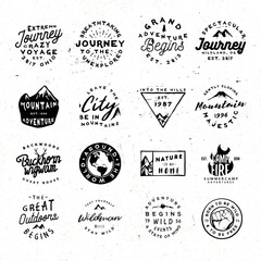 Outdoor retro logos bundle. Vector adventure logos pack with rough and distressed effect