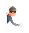 corner thief with flashlight peeping out of the cartoon characters set flat design isolated vector illustration