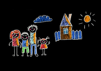 Kids drawing Happy family Mother, father, sister, brother Happy mom and dad with son and daughter Family house Children illustration with happy couple, kids, parents, house Home for my family Chalk