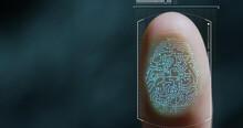 Futuristic Digital Processing Of Biometric Fingerprint Scanner. Concept Of Surveillance And Security Scanning Of Digital Programs And Fingerprint Biometrics. Cyber Futuristic Applications, Future.