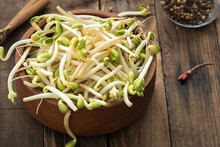 Bowl With Mungbean Sprouts On Wooden Background

