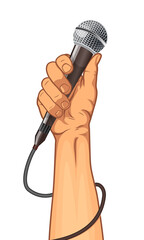 hand holding a microphone in a fist. cartoon vector illustration