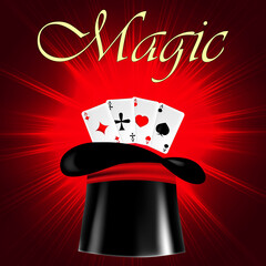 Vector illustration with a cylinder and cards. Hat for magic tricks and magic