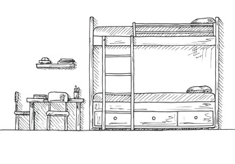 Children's room. Children's furniture. Bunk bed, table and two chairs. Hand drawn vector illustration of a sketch style.