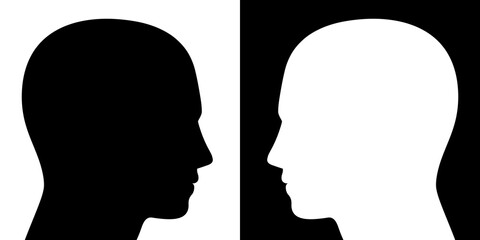 opposing view - two heads facing each other, one is black on white, the other converse, as a symbol 