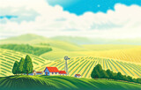 Rural landscape with a beautiful view of distant fields and hills. Raster illustration.