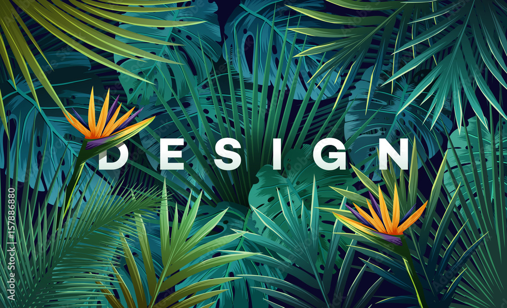 Bright tropical background with jungle plants. Exotic pattern with palm leaves. - obrazy, fototapety, plakaty 