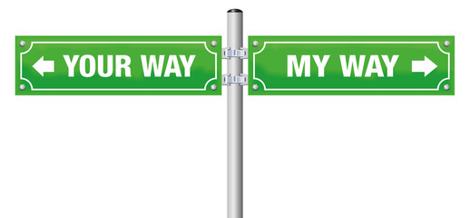 Going separate ways. MY WAY and YOUR WAY written on street signs - symbol for divorce, separation, for saying goodbye or farewell - isolated vector illustration on white background.