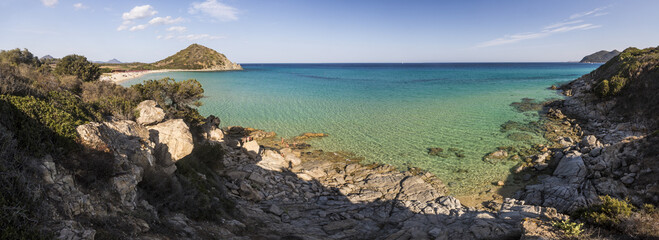 Wall Mural - Panoramic view of the turquoise sea and sandy beach surrounding Cala Monte Turno Castiadas Cagliari Sardinia Italy Europe