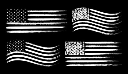 USA American grunge flag set, white isolated on black background, vector illustration.