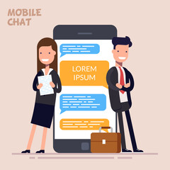 Wall Mural - Instant messaging service. Messaging service. Sms messenger. Happy businessman or manager and woman is standing near a large phone or smartphone. Flat character isolated on color background.