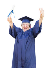 Wall Mural - Happy Senior Adult Woman Graduate In Cap and Gown Holding Diploma Isolated on a White Background.