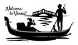 A silhouette black cartoon drawing, where a young gondolier in a vest and hat drives a tourist on a gondola, sitting on a boat and photographing the Rialto Bridge on a canal in the town of Venice.