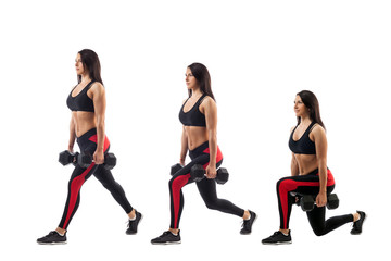 Wall Mural - Technique exercises for the buttocks with dumbbells in hands on a white isolated background, sports woman, left side