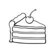 Vector illustration. Hand drawn doodle of a piece of cake with cream and cherry. Cartoon sketch.  Decoration for menus, signboards, showcases, greeting cards, wallpapers