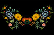 Embroidery native neckline pattern with fantasy flowers. Vector embroidered traditional floral design for fashion wearing.