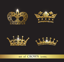 Set Of Vector Gold Crown Icons.