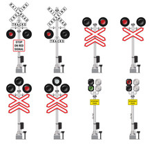 Set Of Different Railway Crossing Signals With Warning Signs