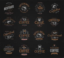 Coffee Vintage Logos Set. Freshly Brewed Caffeine Dark Drink Logotype. Premium Goods Latte And Espresso Business Retro Logo Collection Design.Modern Lettering Badge For Cappuccino Cafe Or Restaurants.