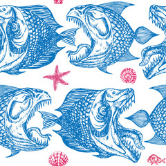 Piranhas fishes profile, open mouth with sharp teeth and long tongue, sea star and shells, seamless pattern design, hand drawn doodle, sketch in pop art style, blue and purple on white background