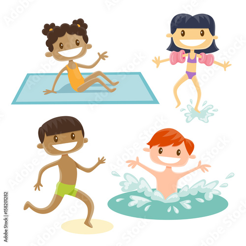 Set Of Isolated Cartoon Kids Playing At The Beach A Black Girl
