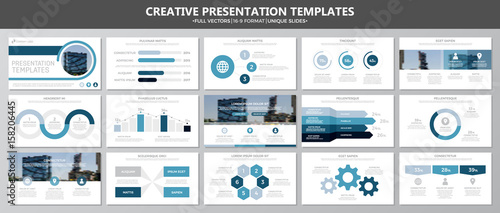 Cuadros en Lienzo Set of blue elements for multipurpose presentation template slides with graphs and charts