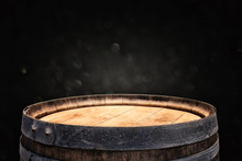 Image Of Old Oak Wine Barrel In Front Of Black Background