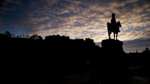 The Royal Scot Greys Monument And The Edinburgh Castle From Princess St. Edinburgh, At Sunset