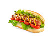 Classic Hot Dog with big sausage, fresh salad, tomatoes and pickled cucumbers isolated on white background
