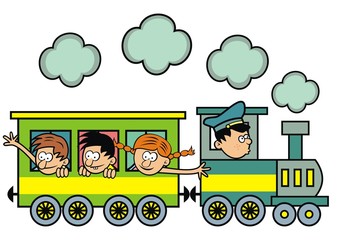 Wall Mural - Train and happy childen, funny illustration, vector icon