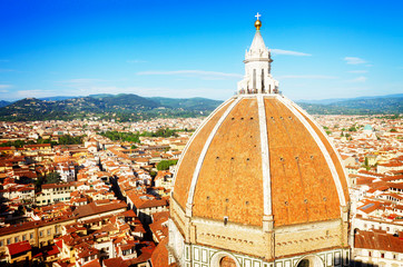 Wall Mural - famous Dome of cathedral church Santa Maria del Fiore close up, Florence, Italy, retro toned