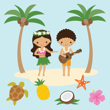 Vector Illustration Of Girl Hula Dancer And Boy Playing Ukulele Guitar In Hawaii With Beach Elements.