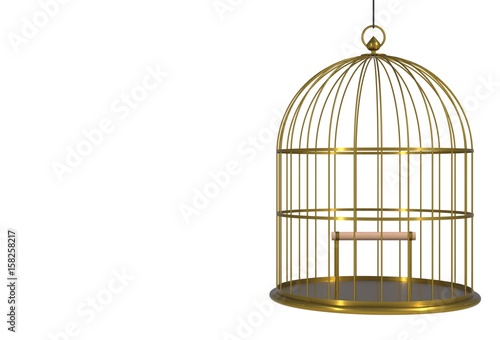 Fotografie, Obraz Empty bird golden cage Isolated on white background, 3D rendering