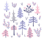 Set of hand drawn vector trees in scandinavian style. Collection of forest design elements for a card, banners or invitation.