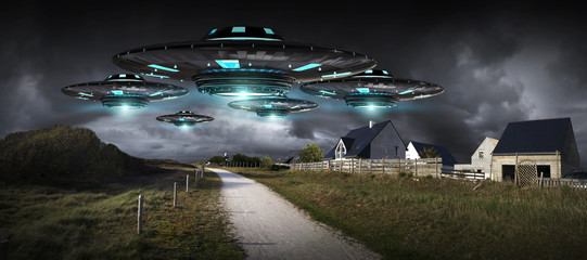 Poster - UFO invasion on planet earth landascape 3D rendering