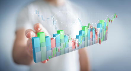 Aufkleber - Businessman using digital 3D rendered stock exchange stats and charts