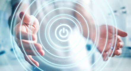 Poster - Businessman holding 3D render power button with his hand