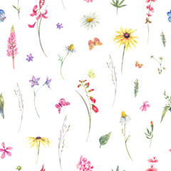 Watercolor seamless pattern with wildflowers