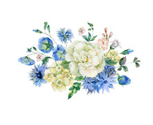 Watercolor Bouquet With Blue Blooming Wild Flowers