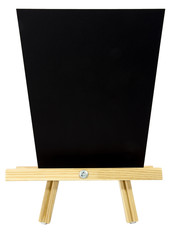Wall Mural - Odd perspective of blank black board on presentation easel. Copy space. vertical. Isolated.