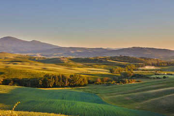  Panoramic view of a spring day in the Italian rural landscape.