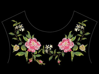 Wall Mural - Embroidery floral neck line pattern with pink roses and apple blossom. Vector traditional embroidered design with flowers on black background for fashion clothing.