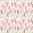 Vector floral seamless pattern with stylized lavender flowers and grass.