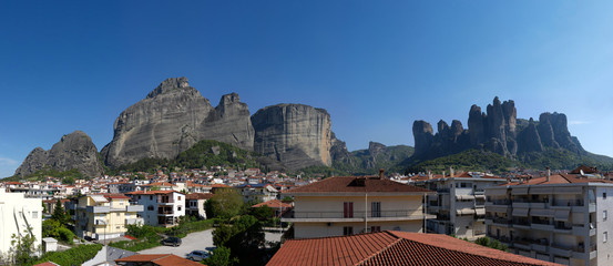 Panoramic view of Kalabaka, Greece with the monoliths of Meteora in background