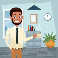 Wall Mural - color background workplace office half body bearded and brunette man execuitive with cup of coffee vector illustration