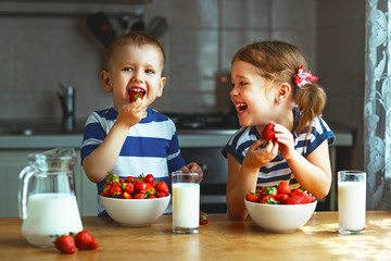 Wall Mural - Happy children brother and sister eating strawberries with milk