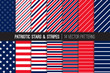 Patriotic Red White Blue Stars & Stripes Vector Patterns. July 4th Independence Day Backgrounds. Diagonal and Horizontal Striped Textures. Variable Thickness Lines. Pattern Tile Swatches Included.